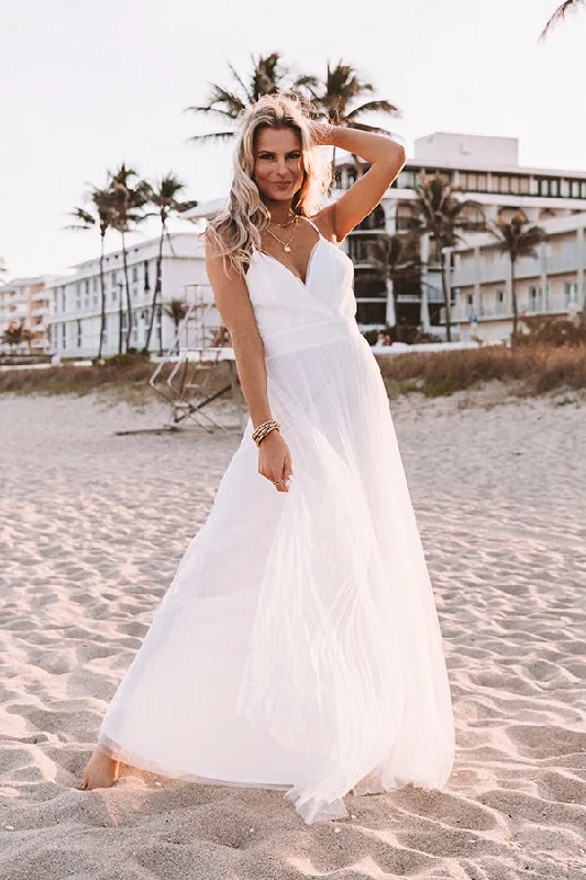 True Romance Pleated Tulle Maxi Dress in White Chic Off-Shoulder Maxi Dress