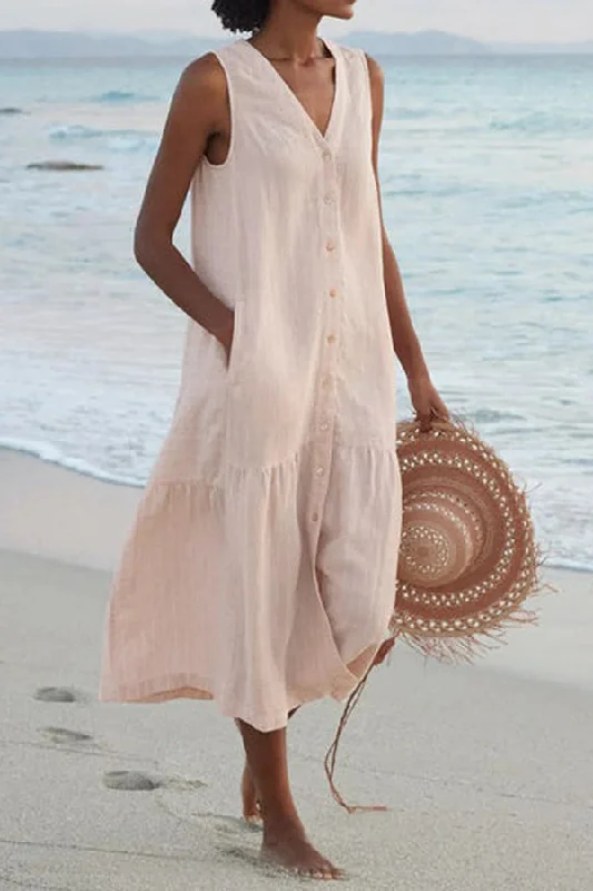 V Neck Button Sleeveless Maxi Dress Stylish Boho Maxi Dress