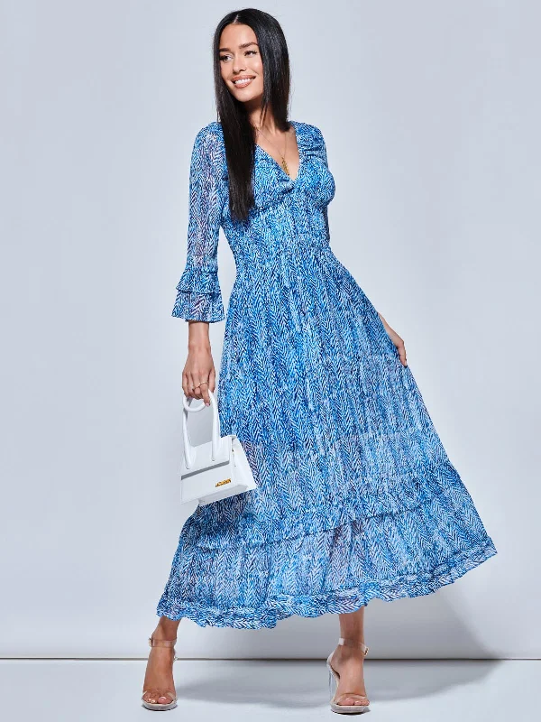 V Neck Shirred Chiffon Maxi Dress, Blue Abstract Stylish Maxi Dress with Frills