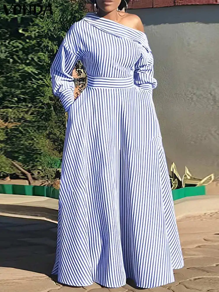 VONDA 2024 Women Elegant Striped Maxi Dress Bohemian Sundress Casual Loose Off Shoulder Long Sleeve Party Vestidos Robe Femme Comfortable Long-Sleeve Maxi Dress