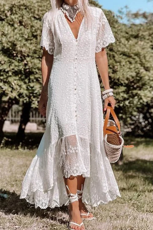 White Lace V-Neck High-Low Maxi Dress Stylish Off-Shoulder Maxi Dress