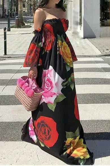 White Print A-Line Off Shoulder Maxi Dresses Classic A-Line Maxi Dress