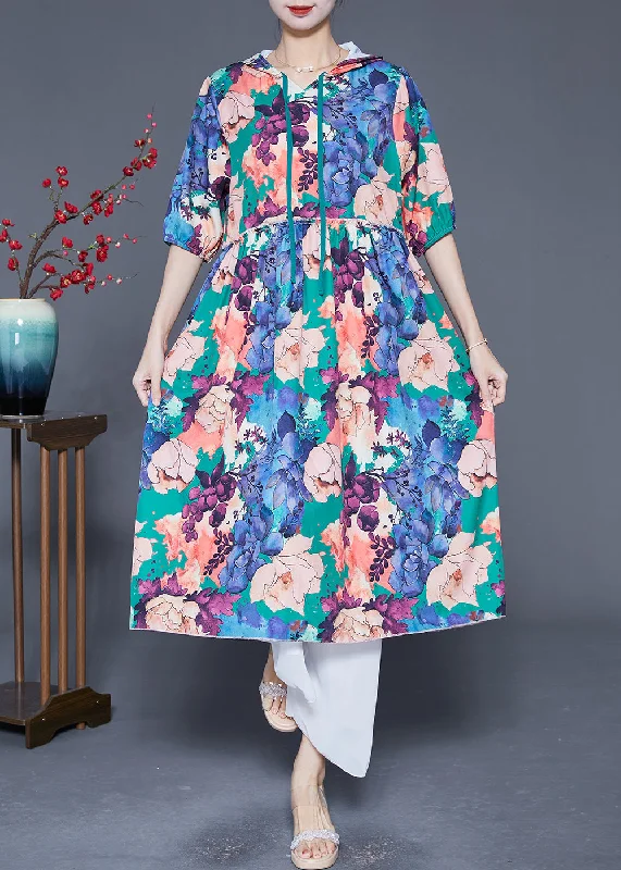 Women Blue Hooded Ruffled Print Silk Maxi Dresses Summer Trendy Satin Maxi Dress