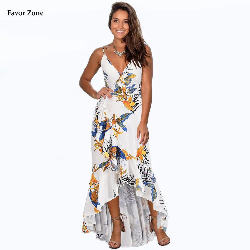 Women Sexy Long Dresses Summer Asymmetrical Cut Out Spaghetti Strap Floral Print V-neck Bohemian Maxi Dress Boho Beach Dress XXL Classic Tulle Maxi Dress