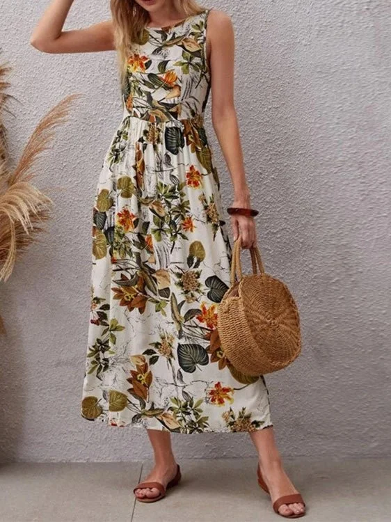 Women's Dresses Botanical Print Sleeveless Maxi Dress Fashionable Sheer Maxi Dress