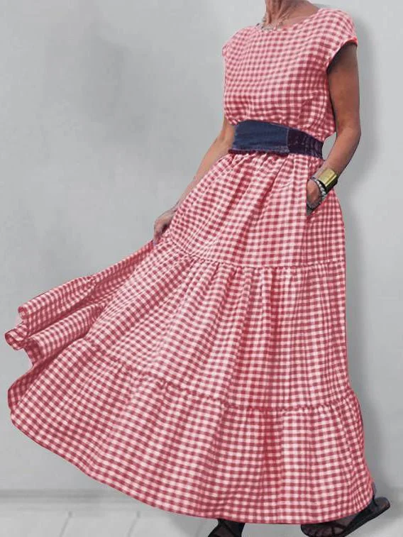 Women's Dresses Check Print Crew Neck Pocket Maxi Dress Comfortable Bohemian Maxi Dress