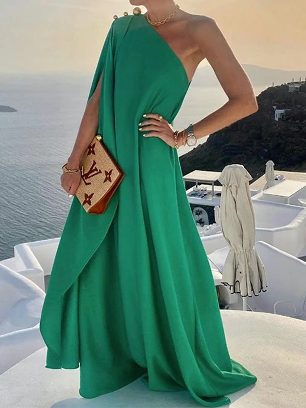 Women's Dresses Loose Solid One Shoulder Maxi Dress Stylish Boho Chic Maxi Dress