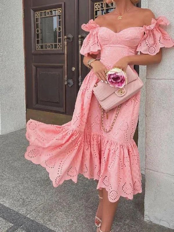 Women's Dresses One-Shoulder Polka-Dot Ruffled Maxi Dress Stylish Off-Shoulder Maxi Dress