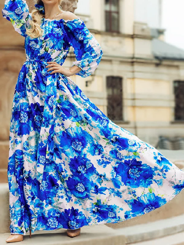 Women's Dresses One-Shoulder Strapless Print Maxi Dress Comfortable Ruffle Hem Maxi Dress