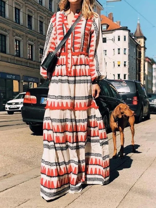 Women's Dresses Printed V-Neck Long Sleeve Maxi Dress Trendy Fit-and-Flare Maxi Dress