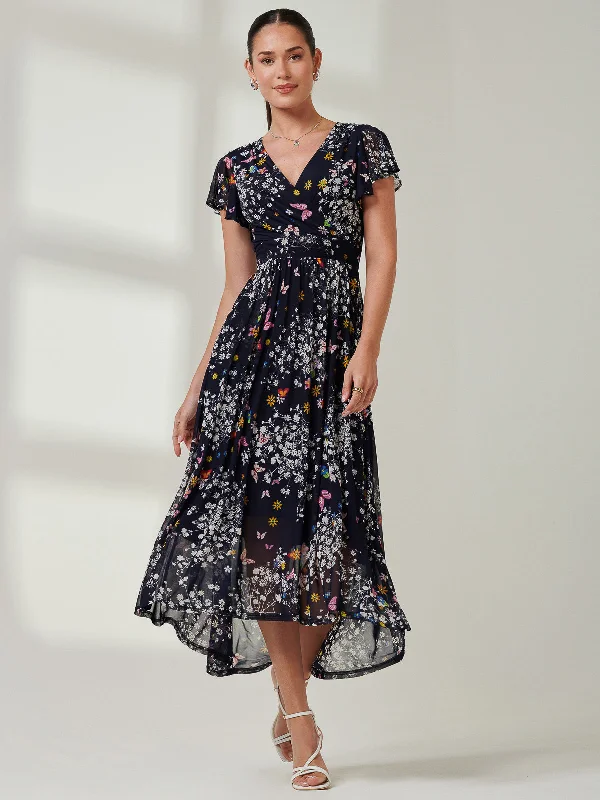 Wrap Dip Hem Mesh Maxi Dress, Navy Floral Trendy Maxi Dress with Belt