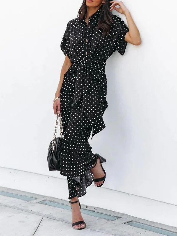 Wrap Front Polka Dot Short Sleeve Maxi Dress Fashionable High-Waist Maxi Dress