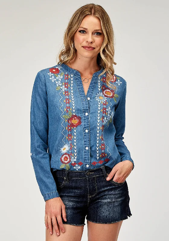 WOMENS LONG SLEEVE BUTTON LIGHT WEIGHT MED BLUE DENIM BLOUSE WESTERN SHIRT WITH V NECK TIE FRONT EMBROIDERY FRONT Sheer Mesh Blouse