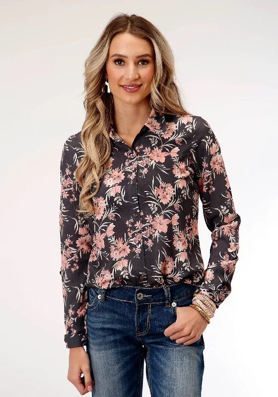 WOMENS LONG SLEEVE CORAL FLORAL PRINT WESTERN SHIRT BLOUSE Feminine Ruffle Blouse