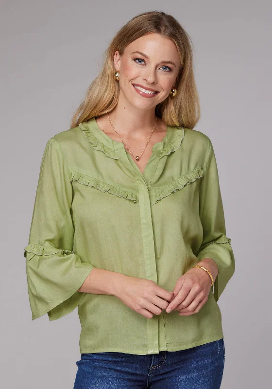 WOMENS LONG SLEEVE BUTTON LIME GREEN RAYON CHALLIS WESTERN BLOUSE WITH RUFFLE DETAIL ELBOW LENGTH BELL SLEEVE Lightweight Tunic Blouse