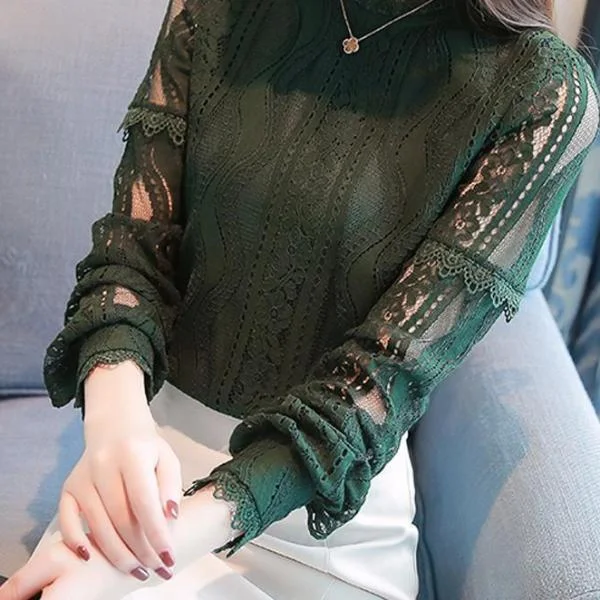 2017 New Arrival Women Tops Fashion Green Lace Blouse Autumn Long Sleeve Plus Size Shirts Hollow Out Renda Blusas Femininas Elegant Semi-Sheer Blouse 2017 New Arrival Women Tops Fashion Green Lace Blouse Autumn Long Sleeve Plus Size Shirts Hollow Out Renda Blusas Femininas Elegant Semi-Sheer Blouse