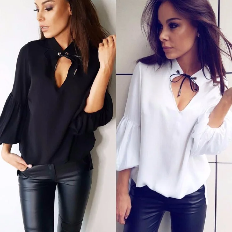 Women Chiffon Blouses Ruffled Neck Blouse