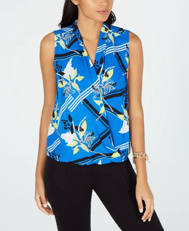 Alfani Womens Floral Surplice Blouse Blue XL Stylish Wrap Blouse