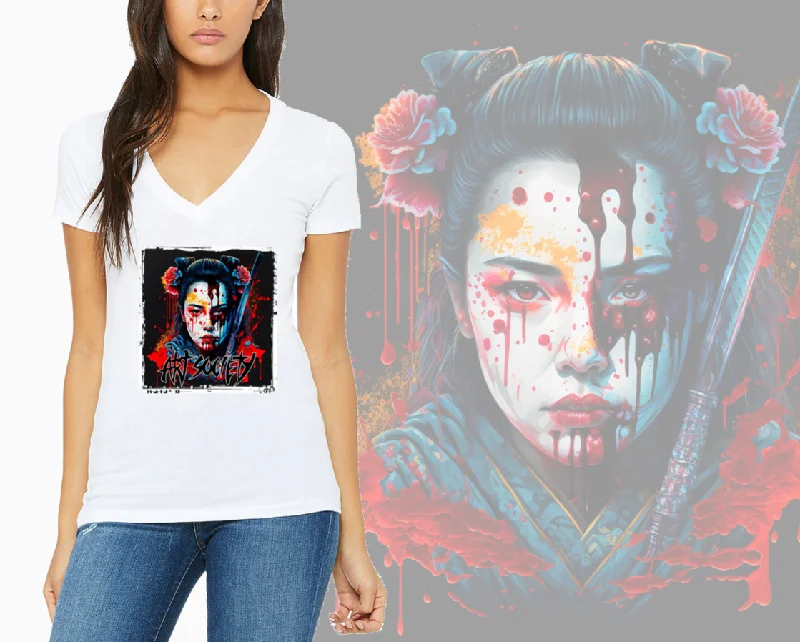 Art Society GEISHA WARRIOR VOL. 1 WOMENS V-NECK TEE WHITE