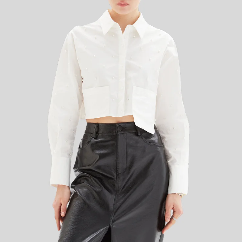 Asymmetric Pocket Pearl Blouse - White Sleeveless Chiffon Blouse