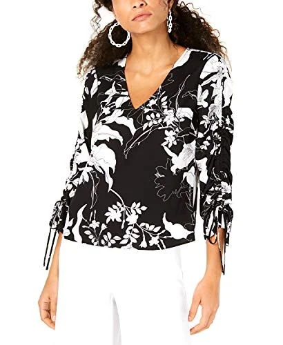 Bar III Womens Ruched Floral Blouse B/W XL Textured Cotton Blouse