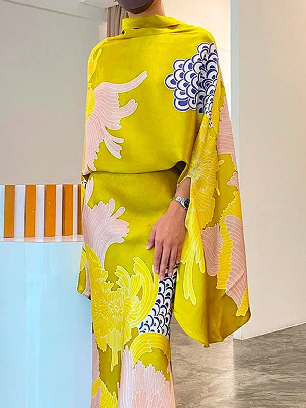 Batwing Sleeves Half Sleeves Flower Print Mock Neck Blouses Modern Work Blouse