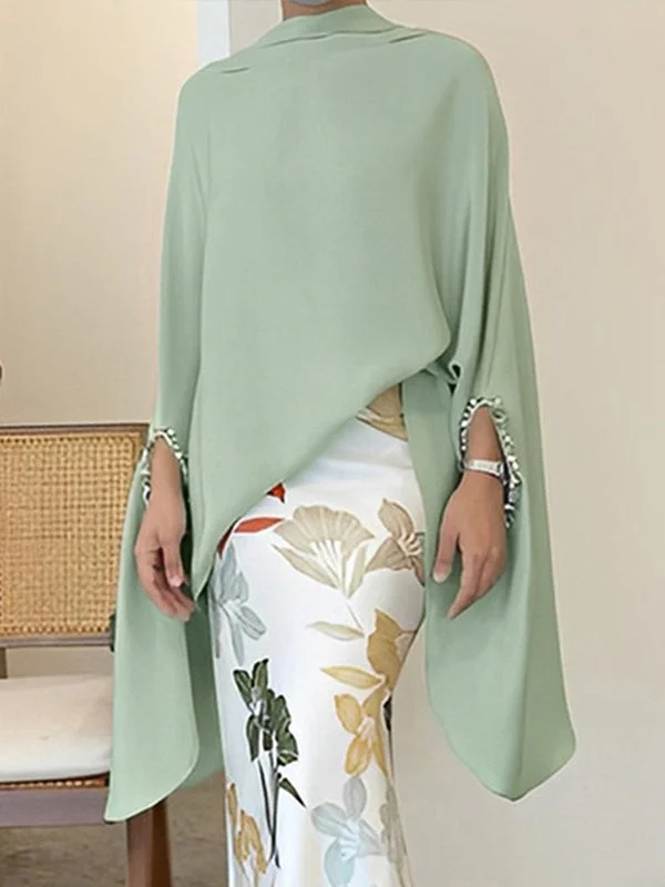 Batwing Sleeves Irregular Clipping Solid Color Stand Collar Blouse Satin Long Blouse Batwing Sleeves Irregular Clipping Solid Color Stand Collar Blouse Satin Long Blouse