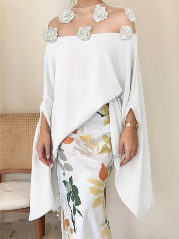 Batwing Sleeves Loose Floral See-Through Flower Round Collar Blouse Ruffled Neck Blouse Batwing Sleeves Loose Floral See-Through Flower Round Collar Blouse Ruffled Neck Blouse