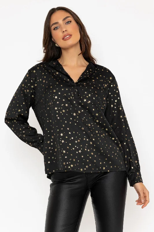 Black Star Print Long Sleeve Blouse Embroidered Cotton Blouse