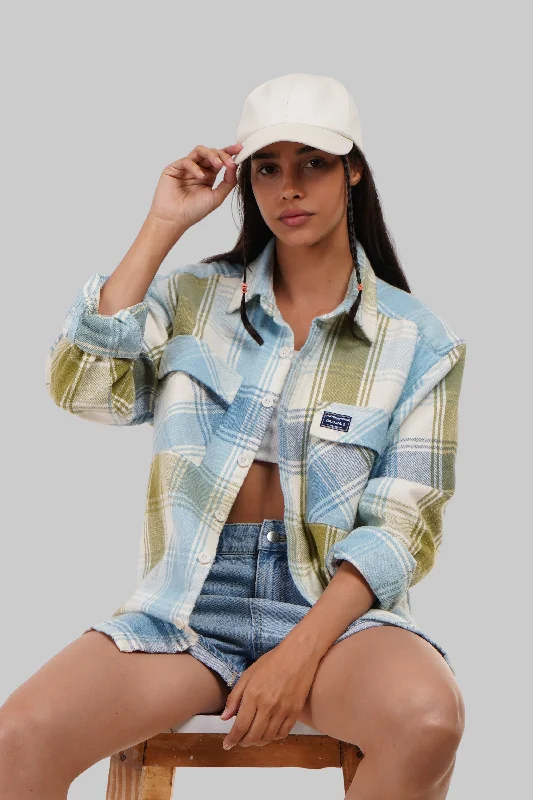 Blue Check Oversized Shacket Feminine Tie Blouse
