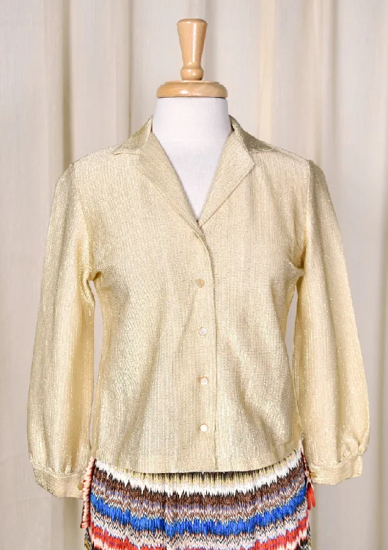 1970s Gold Lurex Vintage Blouse Collared Satin Blouse