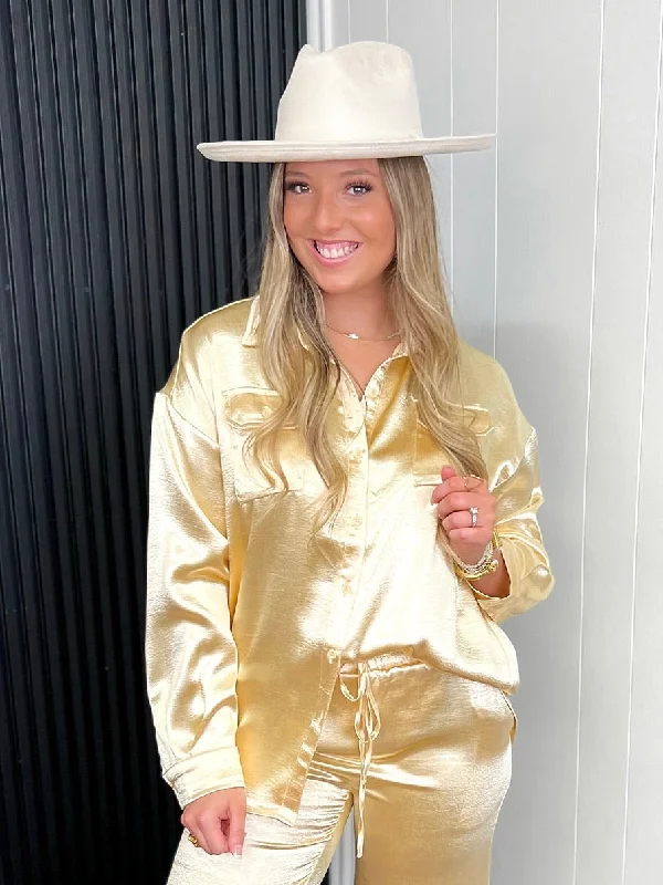Champagne Glam Button Down Blouse Sheer Sleeve Blouse