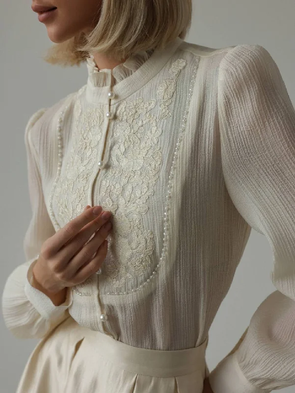 Delicate Lace Detail Blouse Satin Drape Blouse