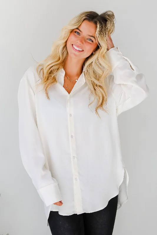 Elegant Sensation Cream Oversized Button-Up Blouse Lightweight Linen Blouse