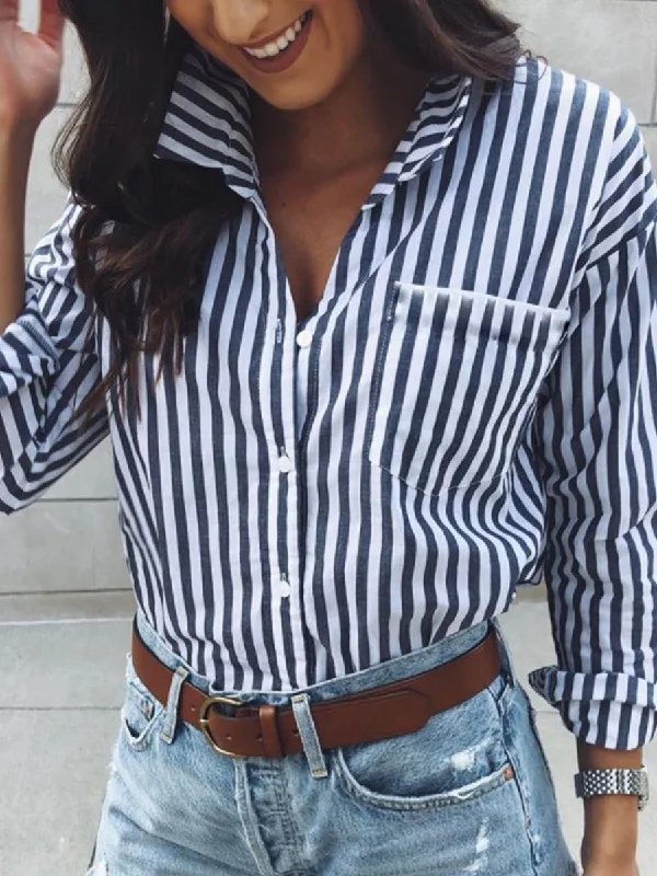 hoombox Fashion Long Sleeves Striped Shirt Blouse Drape Neck Blouse