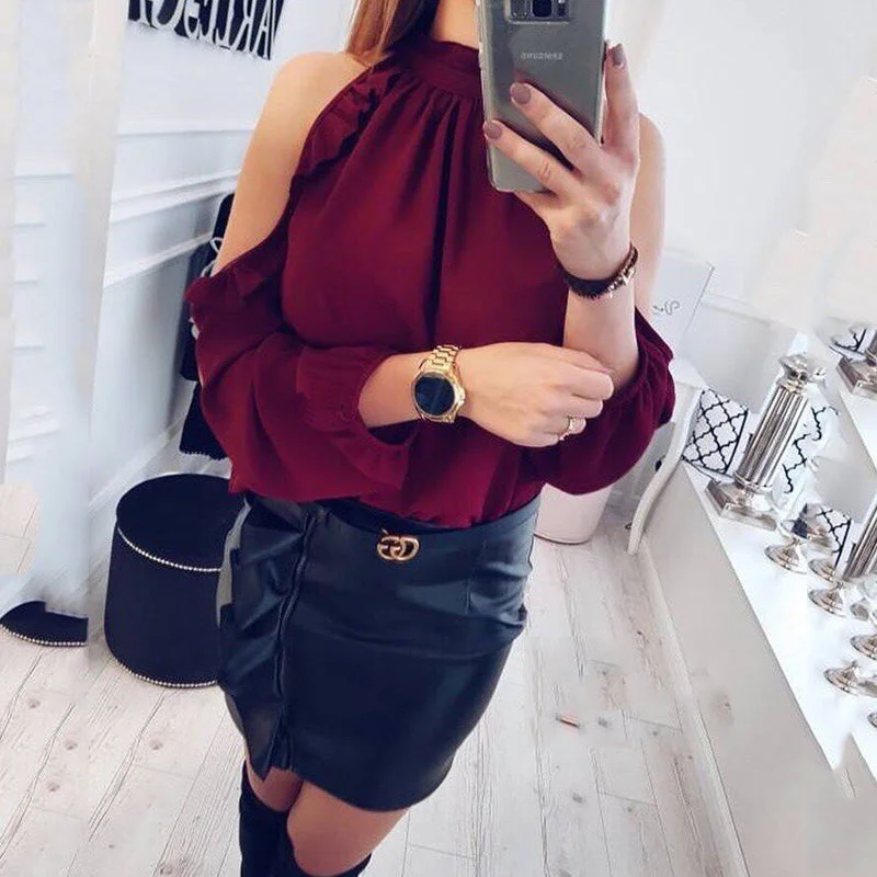 Fashion Women Casual Loose Chiffon Tops Blouses 2018 New Arrival spring summer Long Sleeves Strapless Burgundy Pink Shirt Blusas Sheer Sleeve Blouse