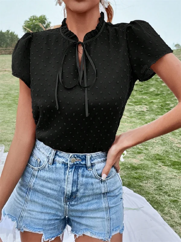 Frill Swiss Dot Tie Neck Short Sleeve Blouse Satin Long Blouse
