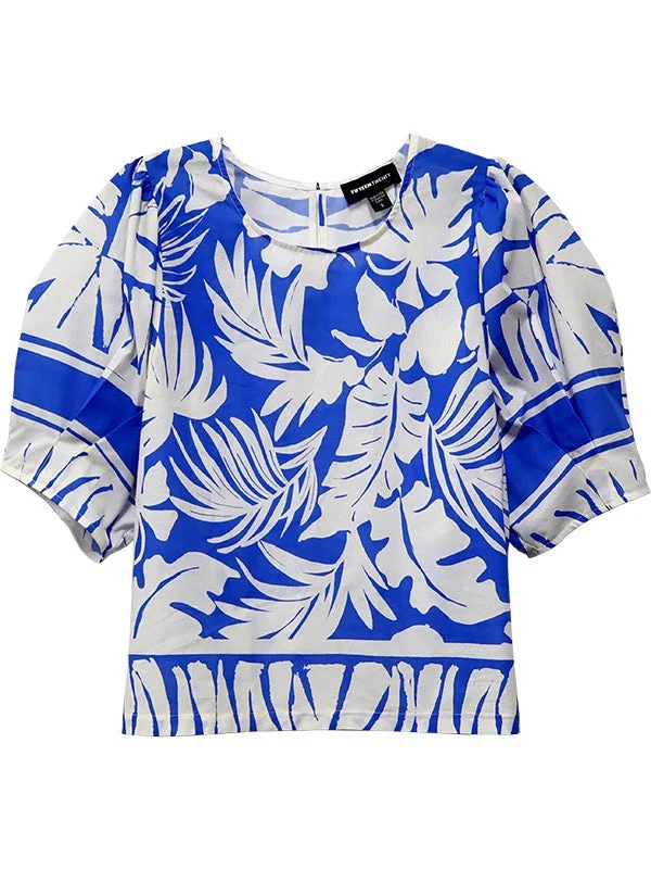 Fifteen Twenty Puff Sleeve Blouse ROYAL/WHITE PRINT Textured Cotton Blouse