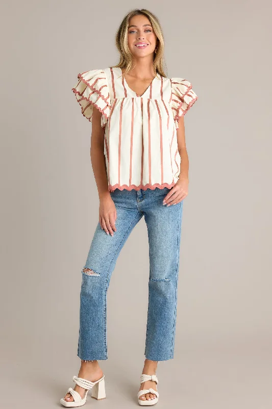 Harmony Hues Ivory Stripe Flutter Sleeve Blouse Versatile Layering Blouse