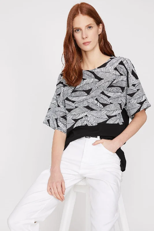 Women Black Print Blouse Chic Ruffle Blouse