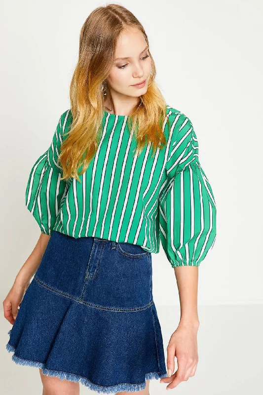 Women Green Blouses Puff Sleeve Blouse