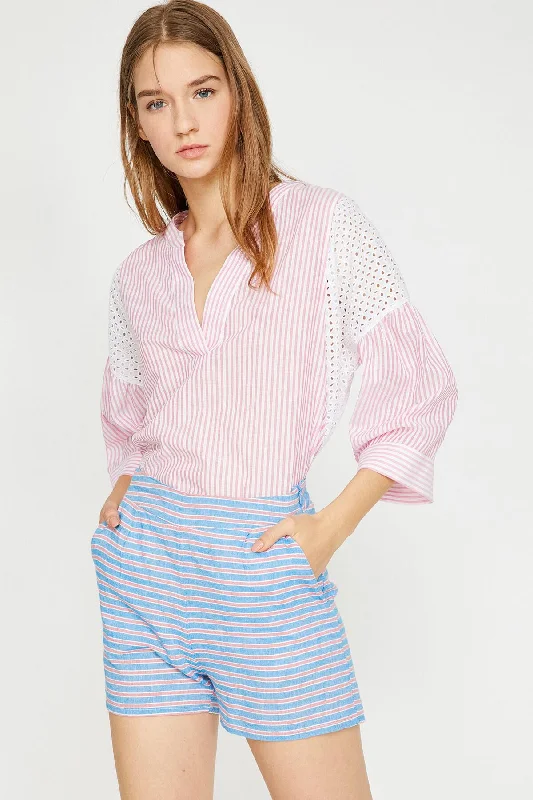 Women Pink Striped Blouse Cotton Casual Blouse