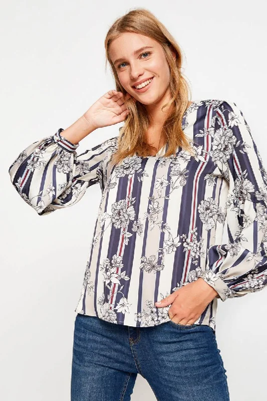 Women Raw White Print Blouse Gathered Detail Blouse