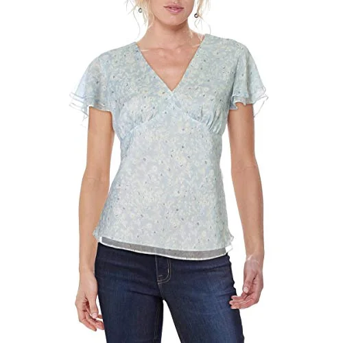 LAUREN RALPH LAUREN Womens Spodra Floral Print V-Neck Blouse Blue M Office-Ready Blouse