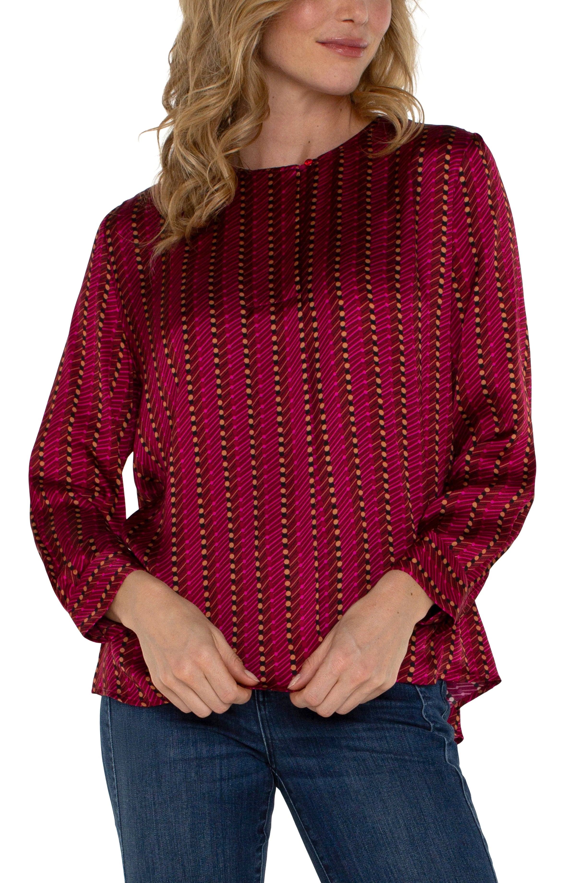Long Sleeve Popover Woven Blouse in Ruby Dotted Stripe Sweetheart Neck Blouse