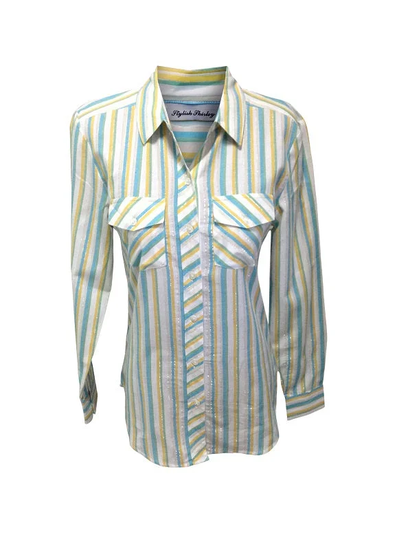 Ladies Long Sleeve, Light Weight, Cotton Stripe Shirt. Blue/White. Style# 150302A