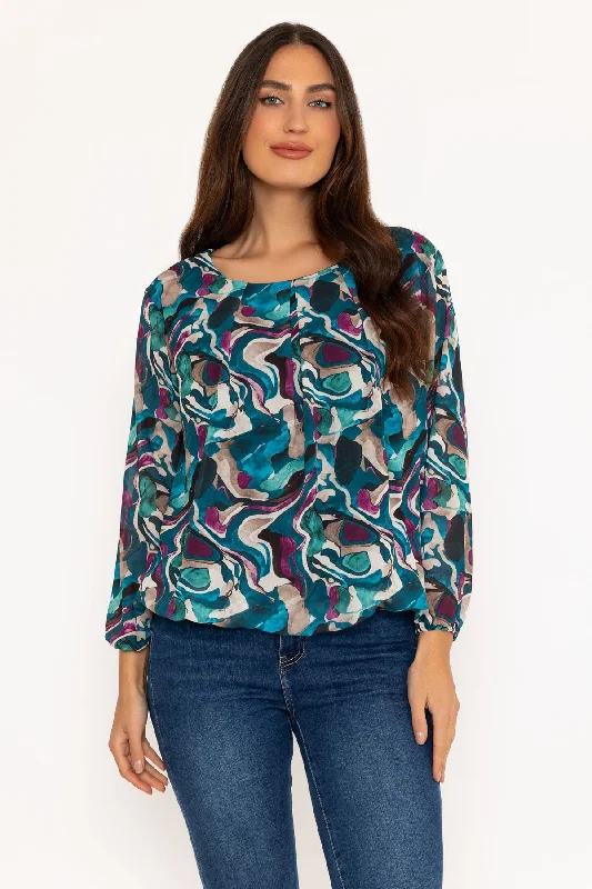 Long Sleeve Teal Printed Blouse Casual Stripe Blouse