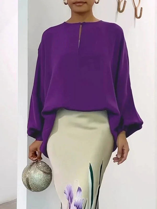 Long Sleeves Loose Hollow Solid Color Round-Neck Blouse Delicate Bow Blouse