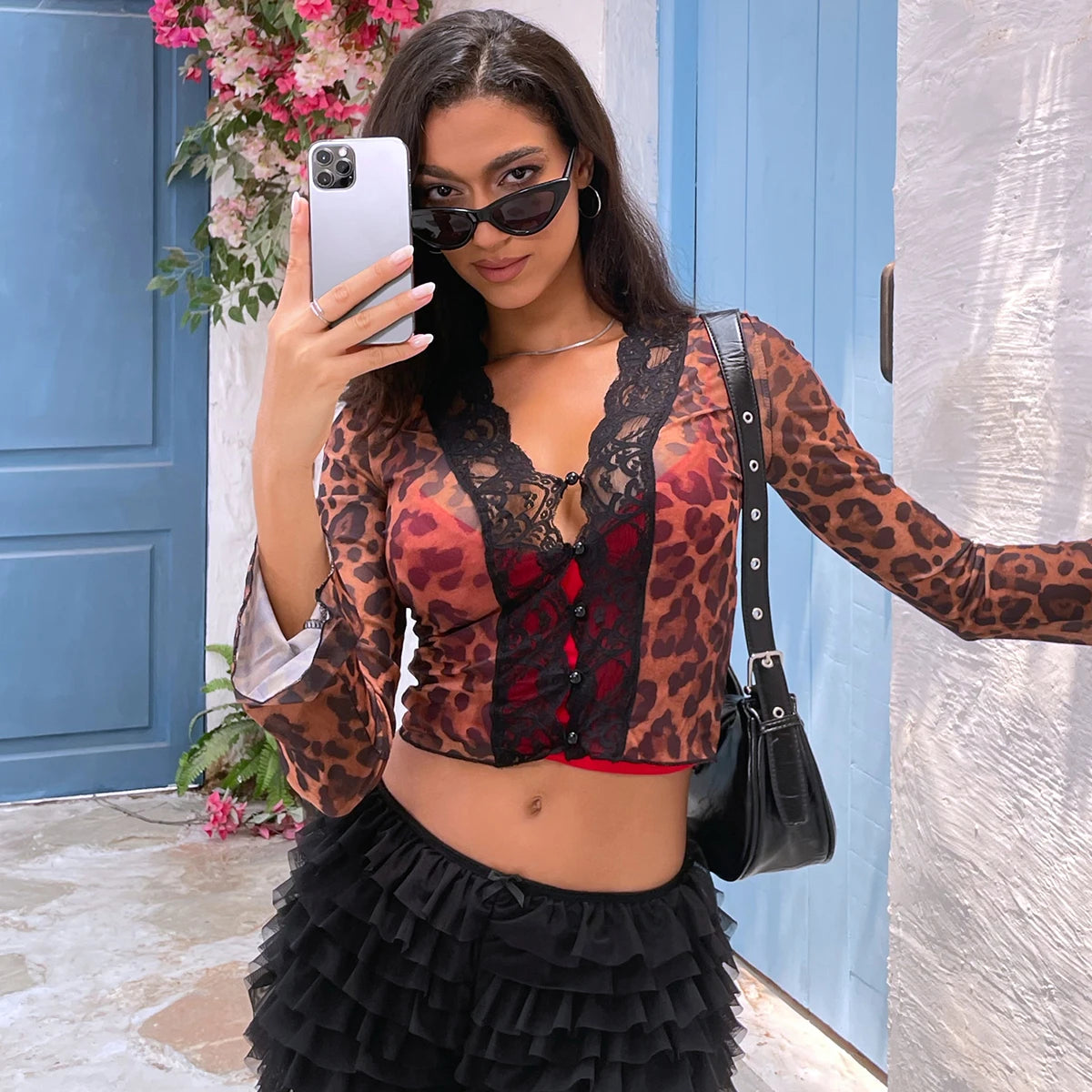 Lunivop Print Button V Neck Sexy Flare Long Sleeve See Through Women'S T-Shirt Tops Summer Blouse 2024 Y2K Casual Clothes Loose Fit Blouse