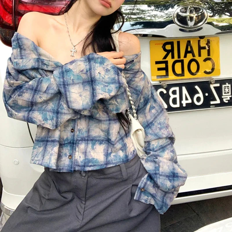 Lunivop Streetwear Contrast Color Plaid Casual Long-sleeved Shirt Women Autumn New American Off-shoulder Single-breasted Loose Tops